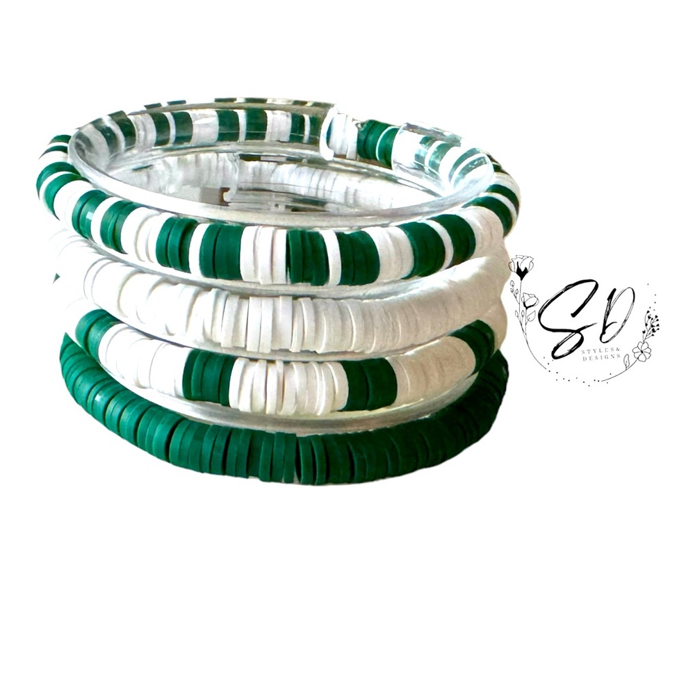Green and white clay Bracelet Perfect For Mixing and Matching, 7”